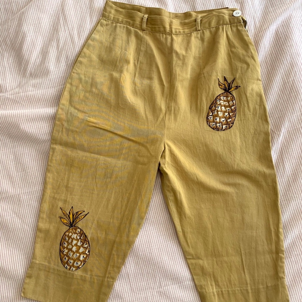 60s Mustard Yellow Cigarette Pants, Pineapple Patch High Waist Pin Up Pants, 27